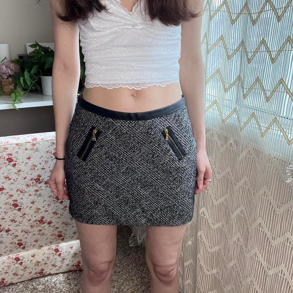 Express Gray Black Tweed Faux Leather Skirt